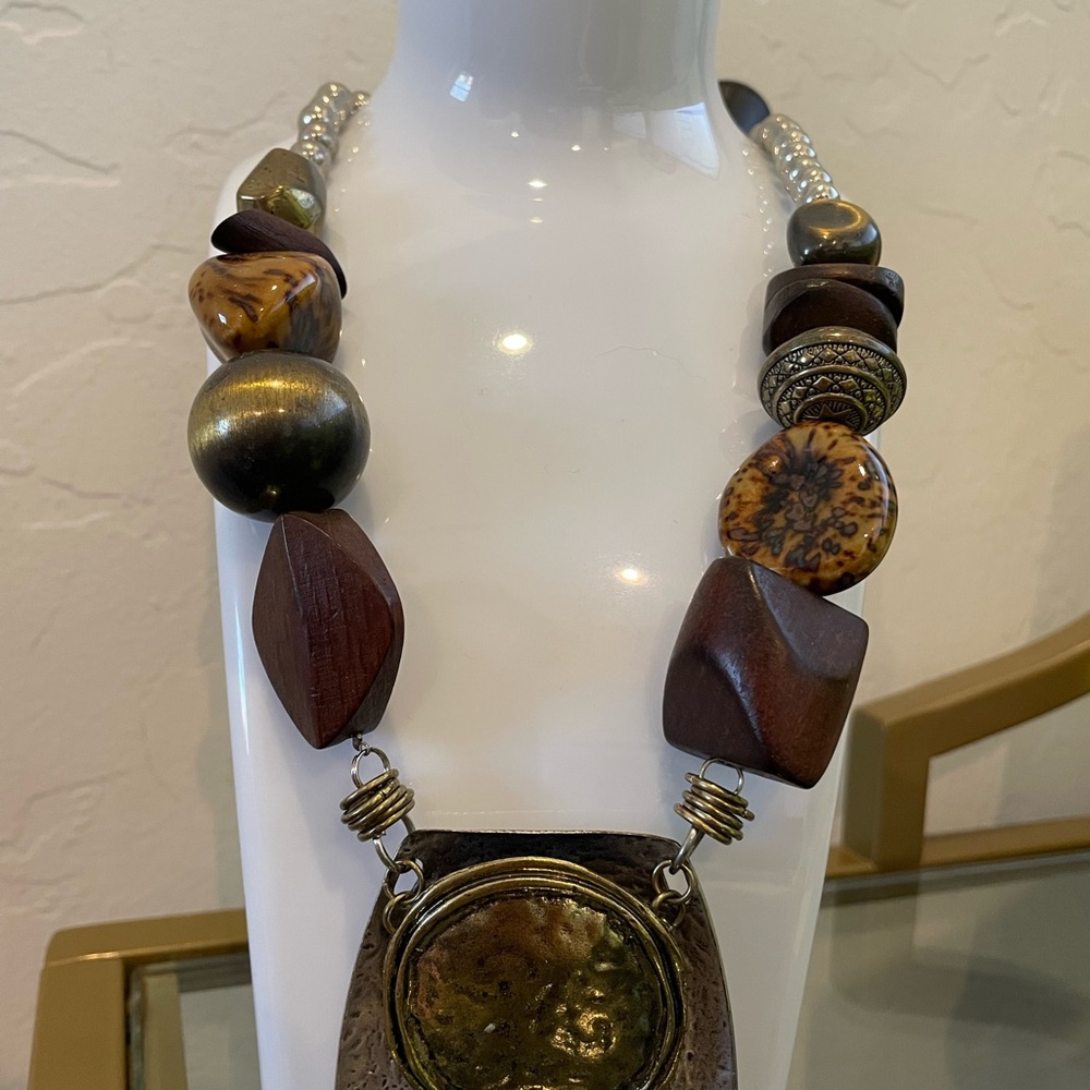Fashion Artisan Wood and Metal Statement Necklace